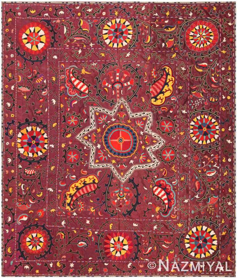 Silk Antique Uzbek Suzani Embroidery Textile 71837 by Nazmiyal Antique Rugs