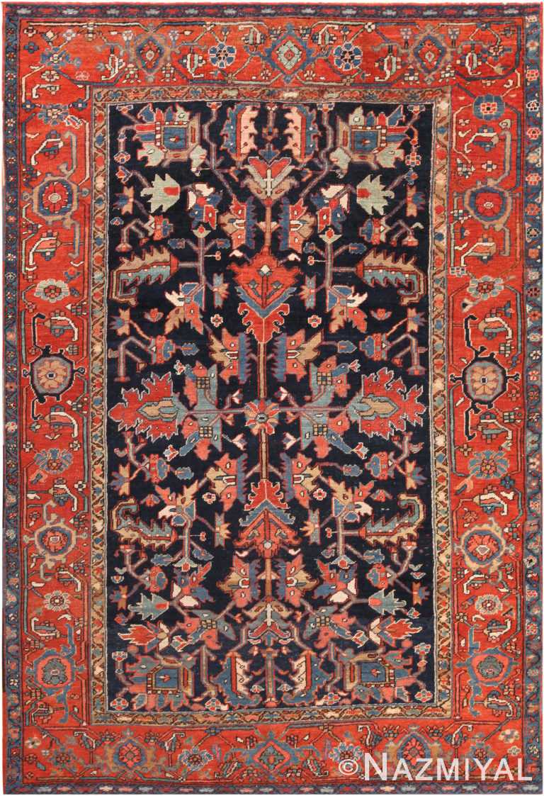 Navy Blue Background Antique Persian Heriz Rug 72100 by Nazmiyal Antique Rugs