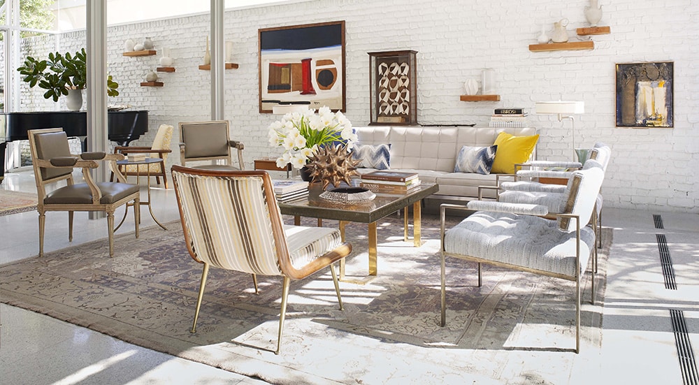 Antique Turkish Oushak Rug in Living Room Interior Design By Lee Ledbetter - Nazmiyal Rugs