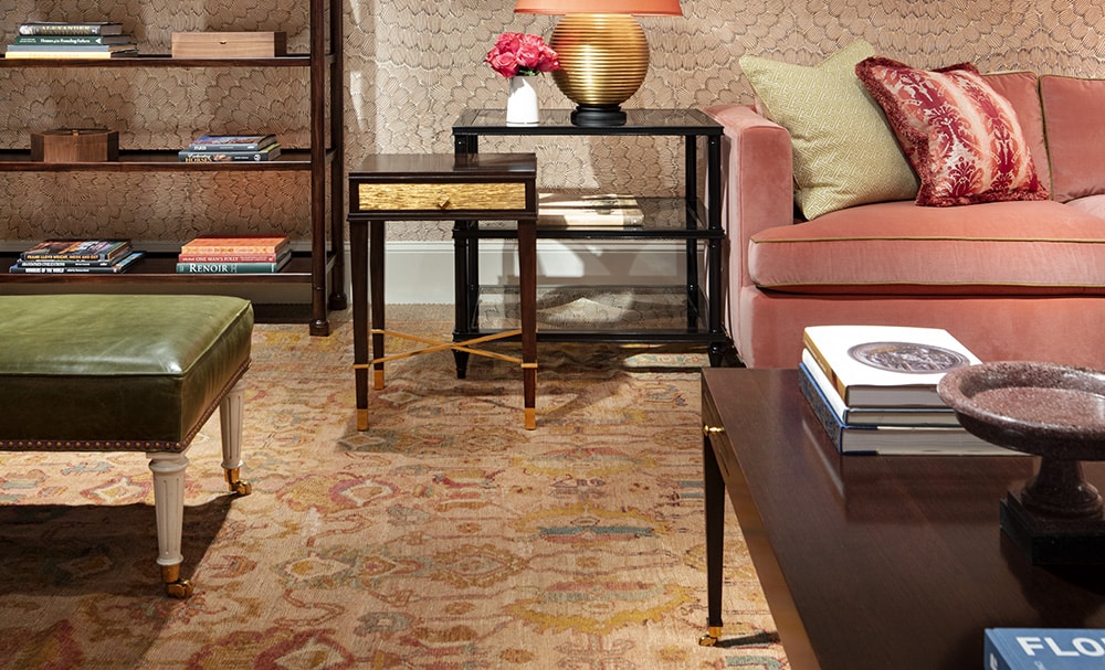 Oushak Rug In Family Room - Interior Design by Alexa Hampton - Nazmiyal Rugs