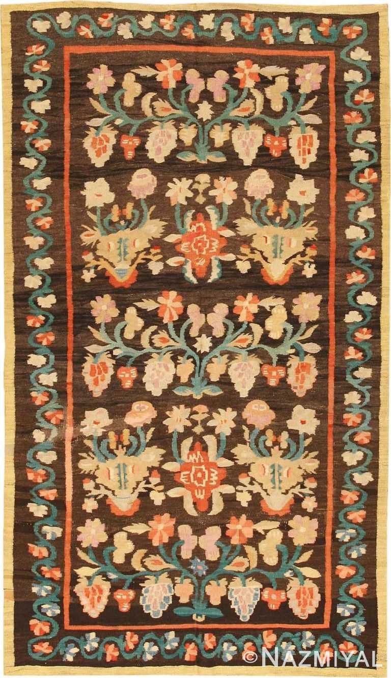 Antique Brown Floral Flat Woven Bessarabian Kilim Rug 72405 by Nazmiyal Antique Rugs