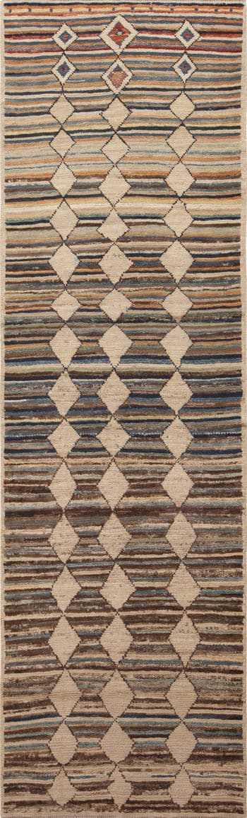 Earthy Brown Modern Tribal Geometric Hallway Runner Rug 11081 by Nazmiyal Antique Rugs