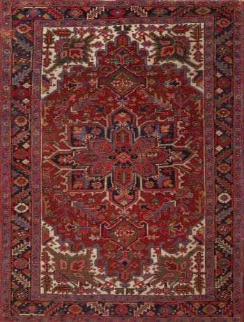 Small Red And Blue Geometric Medallion Design Antique Persian Heriz Area Rug 72564 by Nazmiyal Antique Rugs