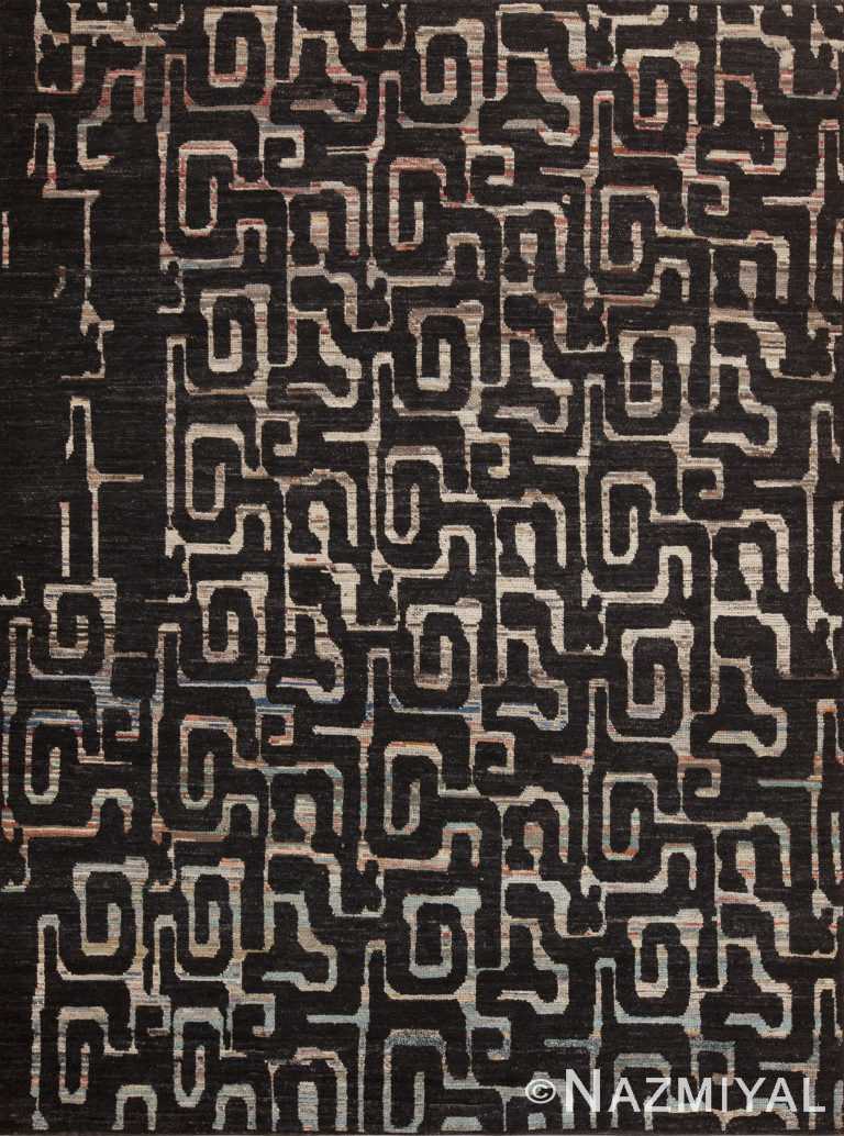 Bold Black Background Meandering Labyrinth Pattern Contemporary Modern Area Rug 11294 by Nazmiyal Antique Rugs