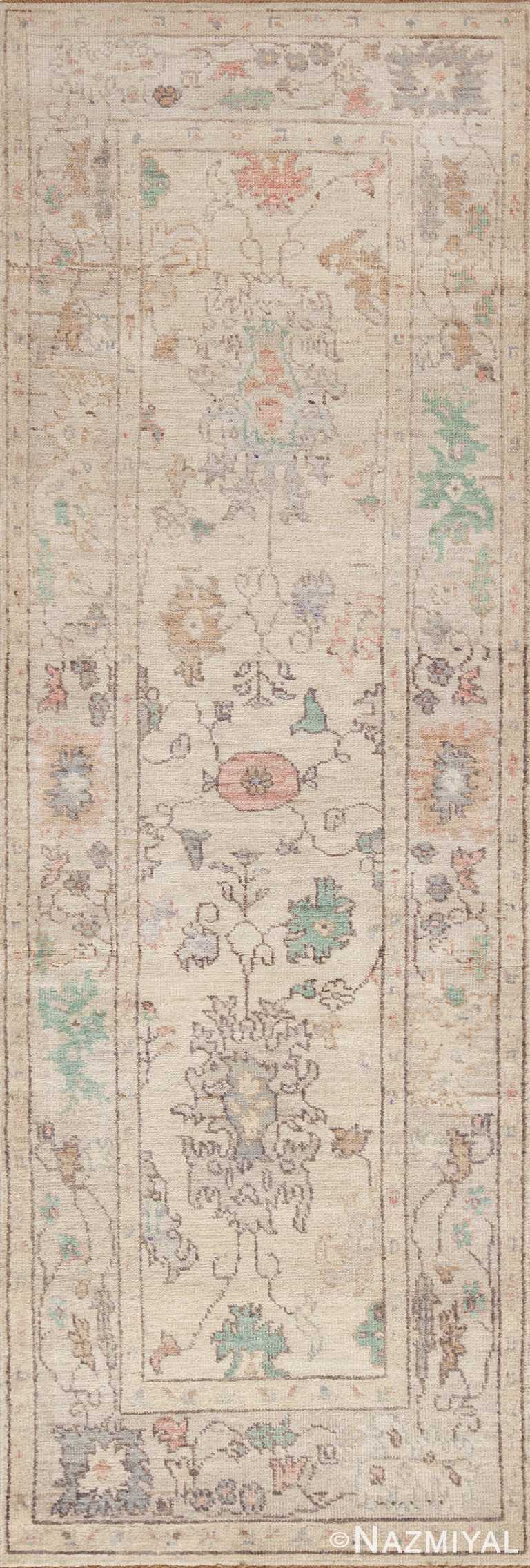 Decorative Soft Color Modern Tribal Turkish Oushak Design Hallway Runner Rug 11204 by Nazmiyal Antique Rugs