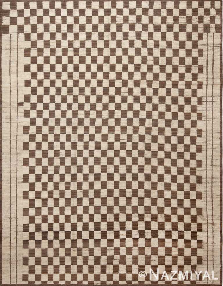 Modern Moroccan Inspired Brown Cream Checkerboard Design Area Rug 11454 by Nazmiyal Antique Rugs