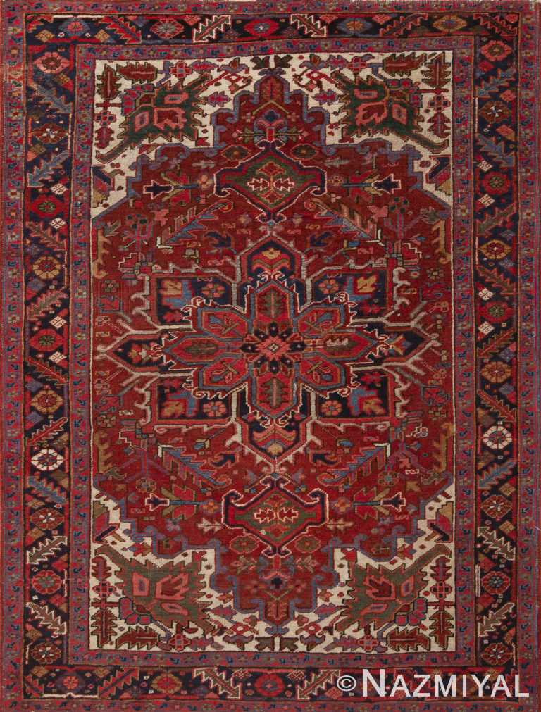 Small Red And Blue Geometric Medallion Design Antique Persian Heriz Area Rug 72564 by Nazmiyal Antique Rugs