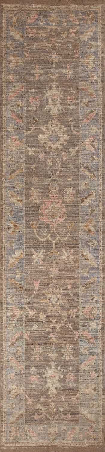 Casual Oushak Design Brown Earth-Tone Color Floral Modern Hallway Runner Rug 11209 by Nazmiyal Antique Rugs