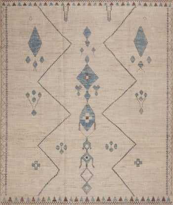Beautifully Handcrafted Cream And Light Blue Color Open Tribal Minimalist Design Modern Room Size Area Rug 11350 at Nazmiyal Antique Rugs