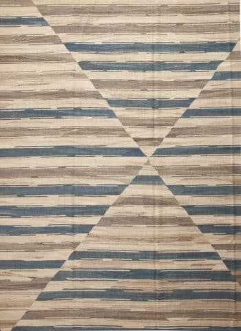 Neutral Cream Blue Color Geometric Design Modern Flat Weave Room Size Kilim Rug #11592 by Nazmiyal Antique Rugs