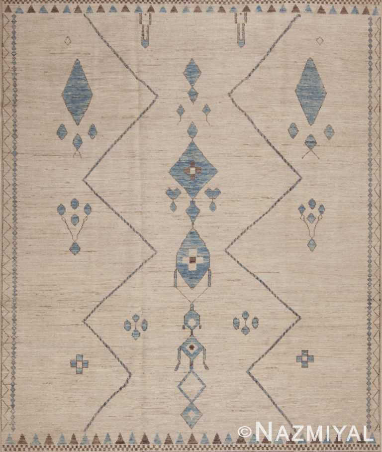 Beautifully Handcrafted Cream And Light Blue Color Open Tribal Minimalist Design Modern Room Size Area Rug 11350 at Nazmiyal Antique Rugs