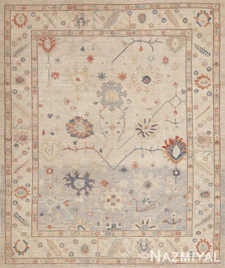 Ivory Pale Blue Casual Large Scale Allover Modern Turkish Oushak Design Area Rug 11380 by Nazmiyal Antique Rugs