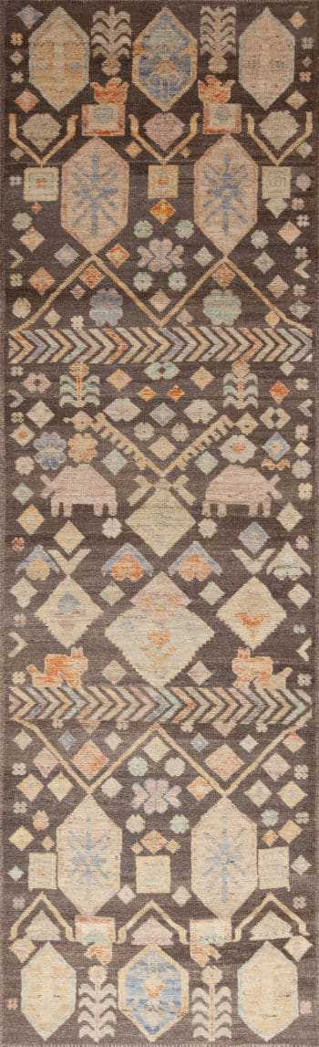 Brown Background Tribal Animal Design Modern Hallway Runner Rug 11010 by Nazmiyal Antique Rugs