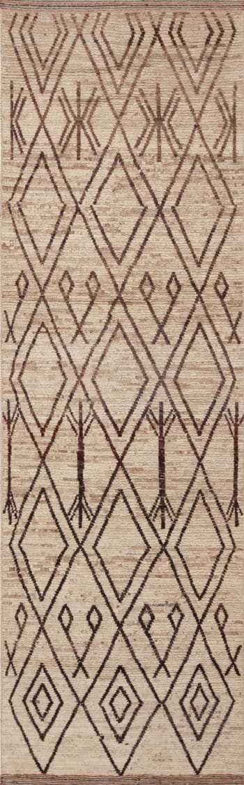 Cream Background Brown Tribal Geometric Pattern Modern Hallway Runner Rug 11186 by Nazmiyal Antique Rugs