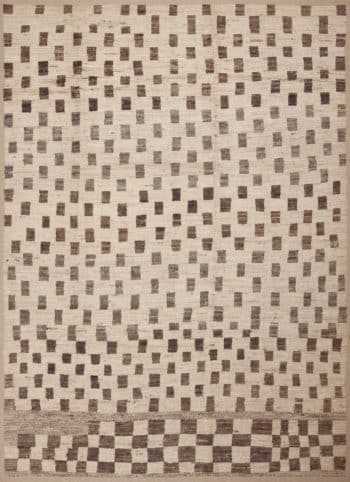 Ivory Cream Background Light Brown Color Tribal Geometric Checkerboard Pattern Modern Room Size Rug 11429 by Nazmiyal Antique Rugs