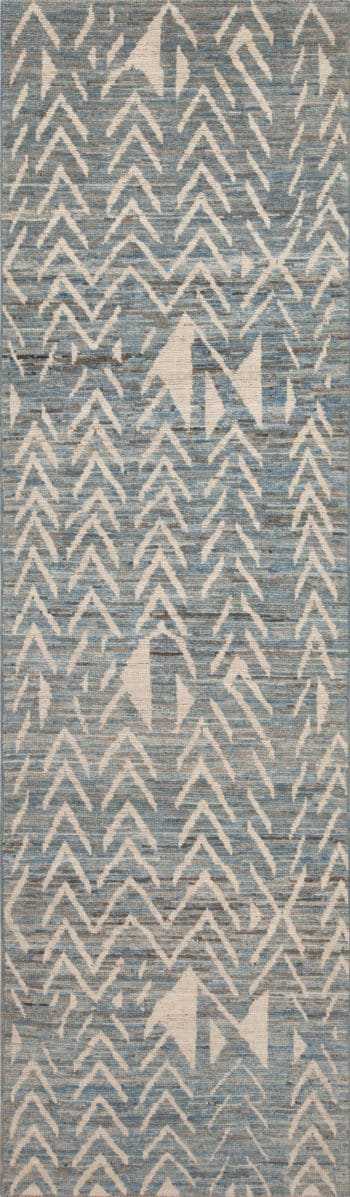 Light Blue Abrash Background and Tribal Geometric Ivory White Pattern Modern Hallway Runner Rug 11153 by Nazmiyal Antique rugs