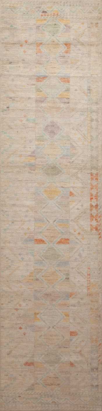 Light Cream And Pastel Color Tribal Geometric Design Modern Contemporary Hallway Runner Rug 11053 by Nazmiyal Antique Rugs