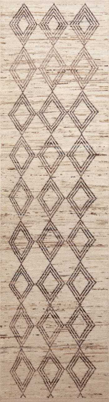 Light Ivory Cream Color Background Neutral Tribal Geometric Diamond Pattern Modern Hallway Runner Rug 11139 by Nazmiyal Antique rugs