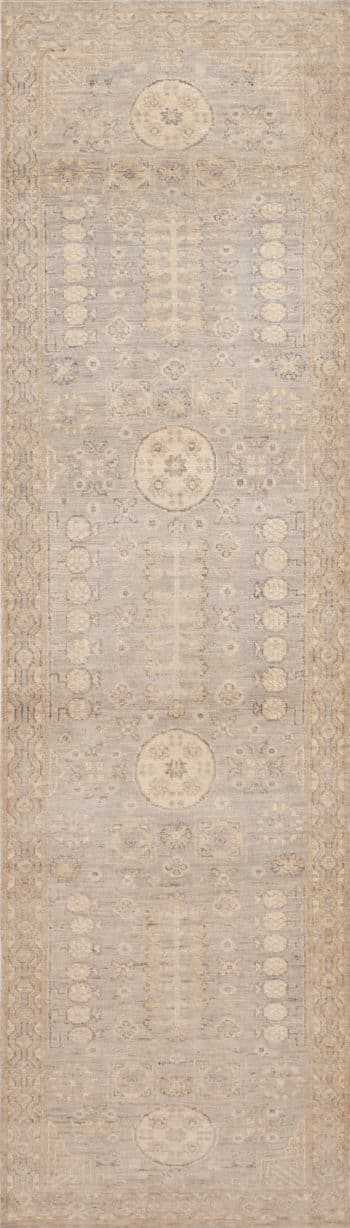 Light Neutral Grey Color Khotan Pomegranate Design Modern Hallway Runner Rug 11212 by Nazmiyal Antique rugs