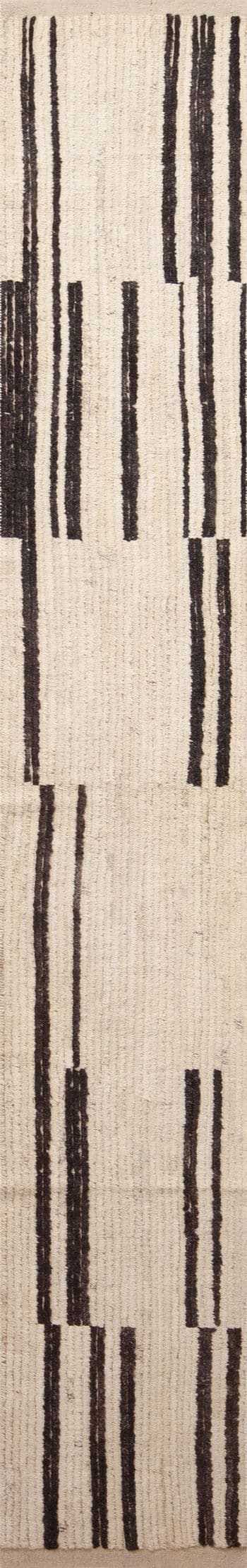 Minimalist Primitive Pattern Light Cream and Charcoal Color Modern Hallway Runner Rug 11880 by Nazmiyal Antique rugs