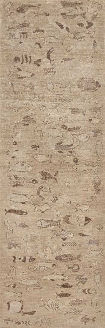 Neutral Color Artistic Fish Design Modern Hallway Runner Rug 11004 by Nazmiyal Antique rugs