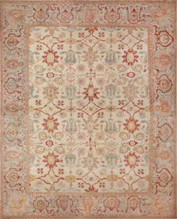 Oversized Luxurious Ivory Background Happy Jewel Tone Color Large Scale Design Antique Persian Sultanabad Rug 72520 by Nazmiyal Antique Rugs