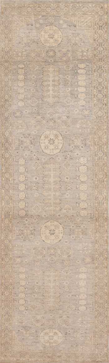 Soft Grey Neutral Color Khotan Pomegranate Design Modern Hallway Runner Rug 11213 by Nazmiyal Antique Rugs