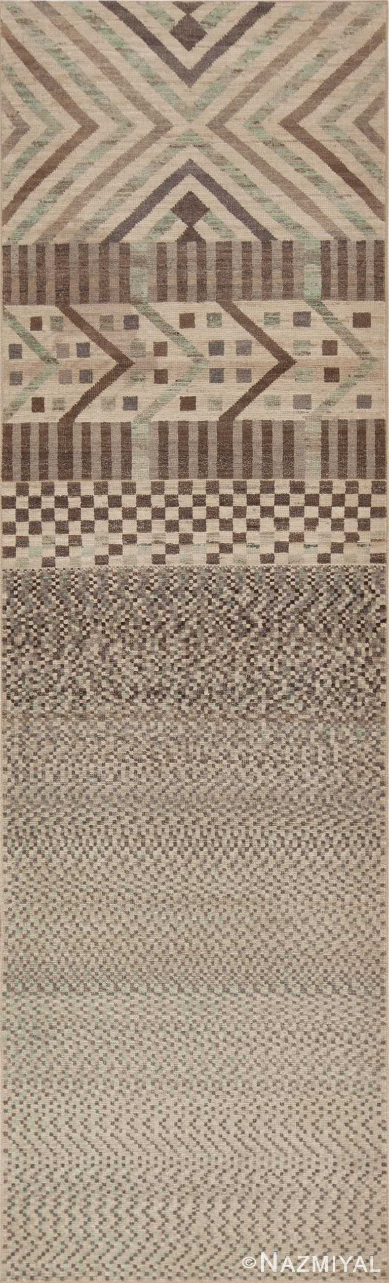Artistic Tribal Geometric Pattern Light Cream Neutral Color Modern Hallway Runner Rug 11154 by Nazmiyal Antique rugs