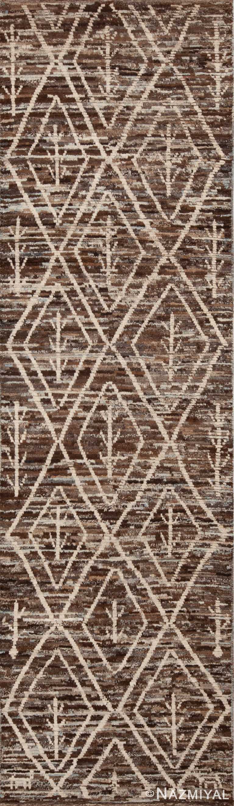 Bold Rich Brown Background Ivory Color Tribal Design Modern Hallway Runner Abrash Rug 11161 by Nazmiyal Antique rugs