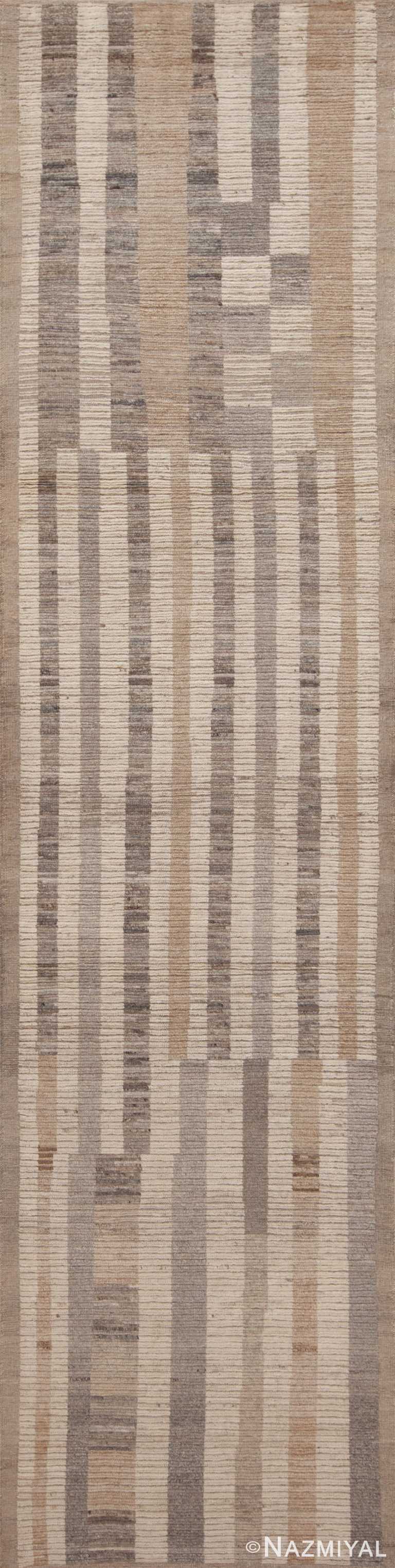 Decorative Light Cream Color Background and Neutral Color Tribal Geometric Design Modern Hallway Runner Rug 11147 by Nazmiyal Antique Rugs
