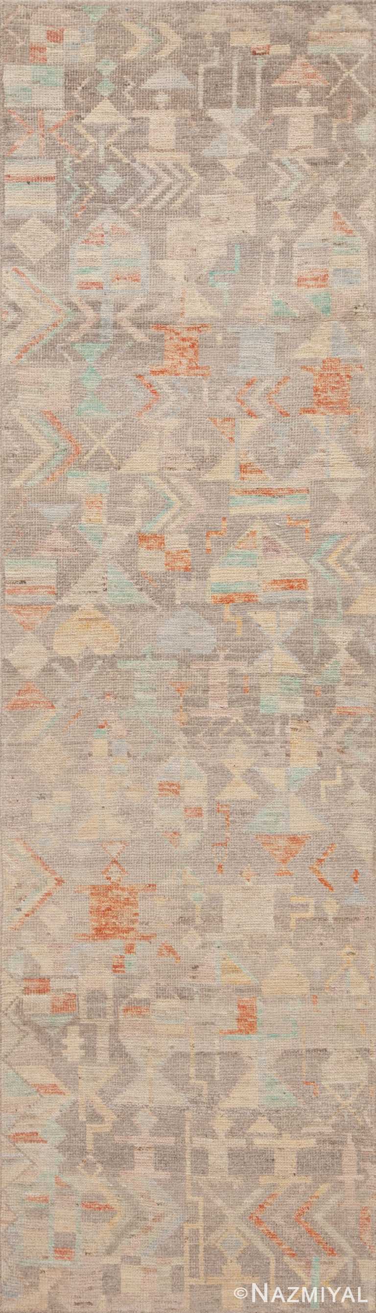 Grey Background Pastel Color Tribal Primitive Geometric Design Modern Hallway Runner Rug 11026 by Nazmiyal Antique Rugs