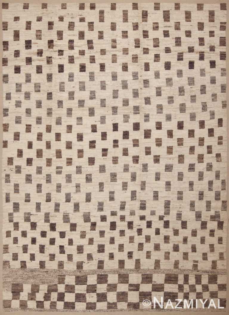 Ivory Cream Background Light Brown Color Tribal Geometric Checkerboard Pattern Modern Room Size Rug 11429 by Nazmiyal Antique Rugs