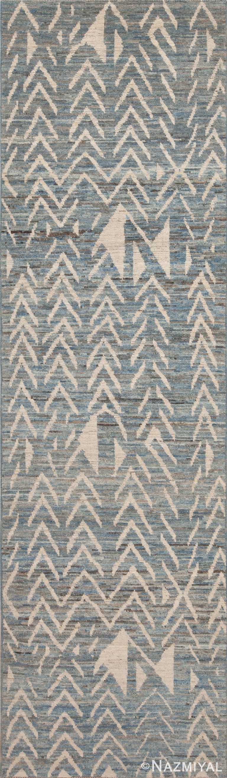Light Blue Abrash Background and Tribal Geometric Ivory White Pattern Modern Hallway Runner Rug 11153 by Nazmiyal Antique rugs