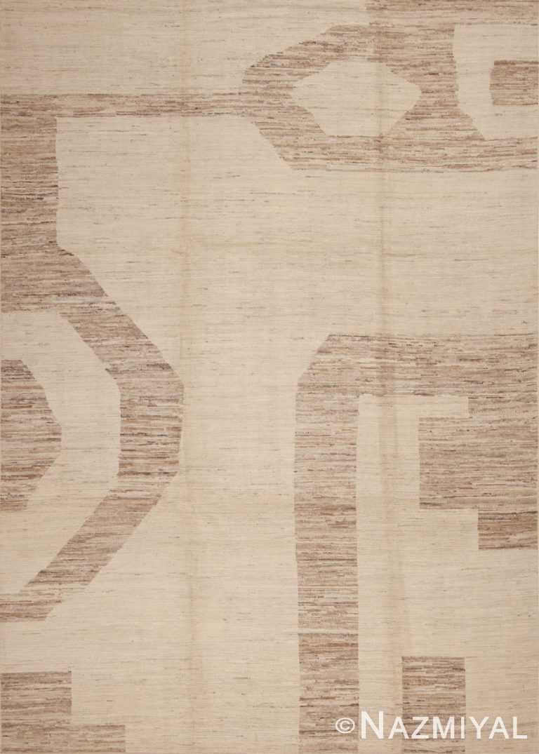 Minimalist Tribal Geometric Light Brown Pattern Ivory Cream Background Modern Room Size Area Rug 11422 by Nazmiyal Antique Rugs