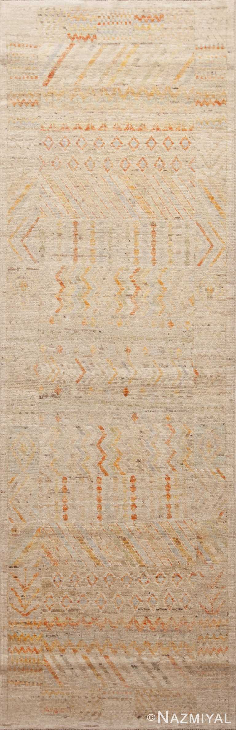 Light Cream Color Background Rustic Tribal Geometric Design Modern Hallway Runner Rug 11013 by Nazmiyal Antique Rugs