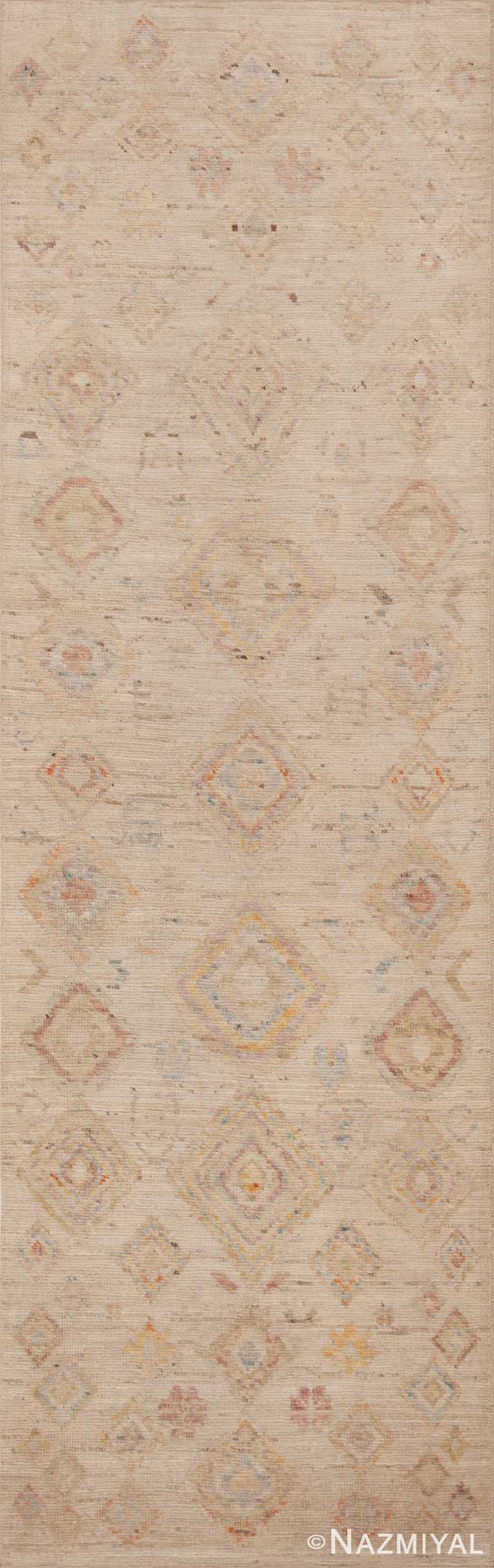 Light Cream Ivory Color Background and Soft Rustic Tribal Pattern Modern Hallway Runner Rug 11049 by Nazmiyal Antique rugs
