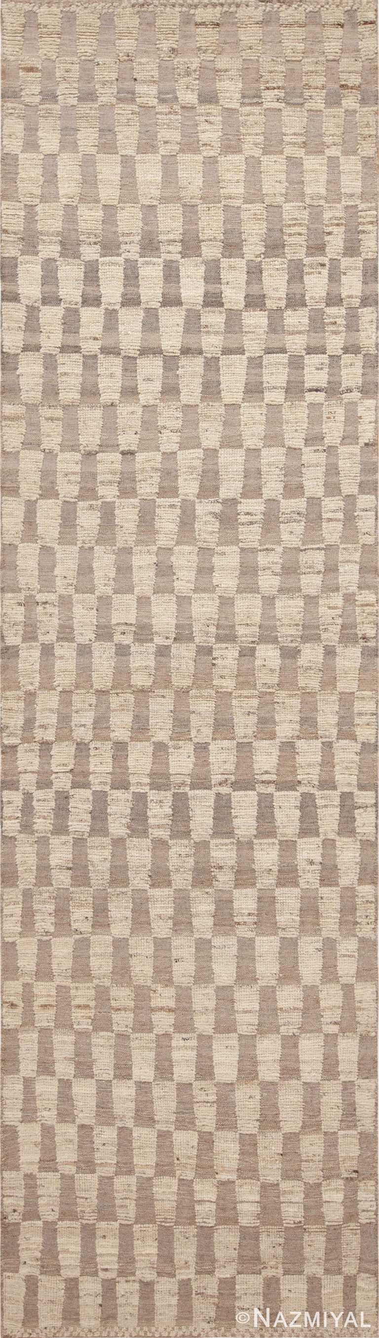 Light Cream and Tan Color Geometric Modern Hallway High Low Wool Pile Runner Rug 11103 by Nazmiyal Antique rugs