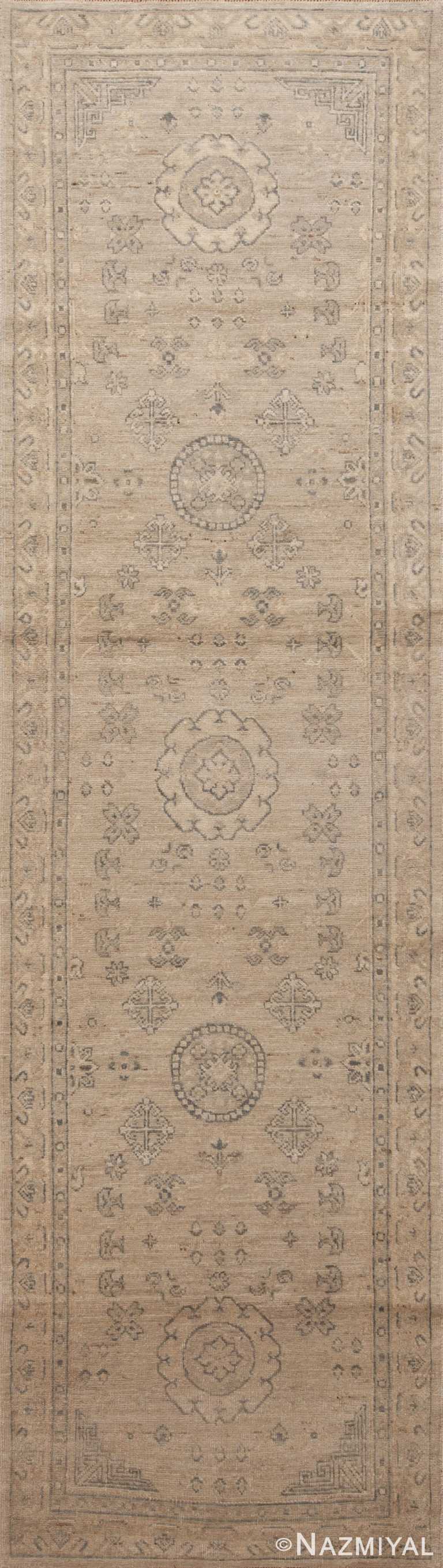 Light Neutral Grey Color Khotan Design Modern Hallway Runner Rug 11205 by Nazmiyal Antique rugs
