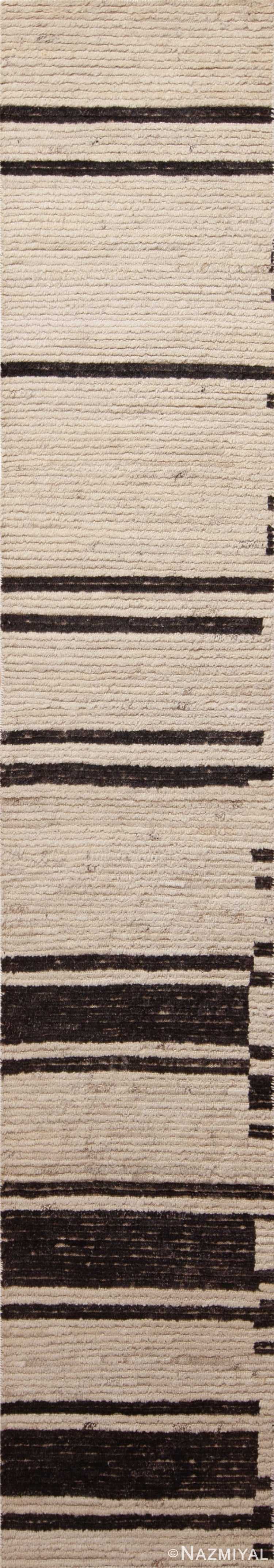 Minimalist Primitive Pattern Cream and Charcoal Color Modern Hallway Runner Rug 11881 by Nazmiyal Antique rugs