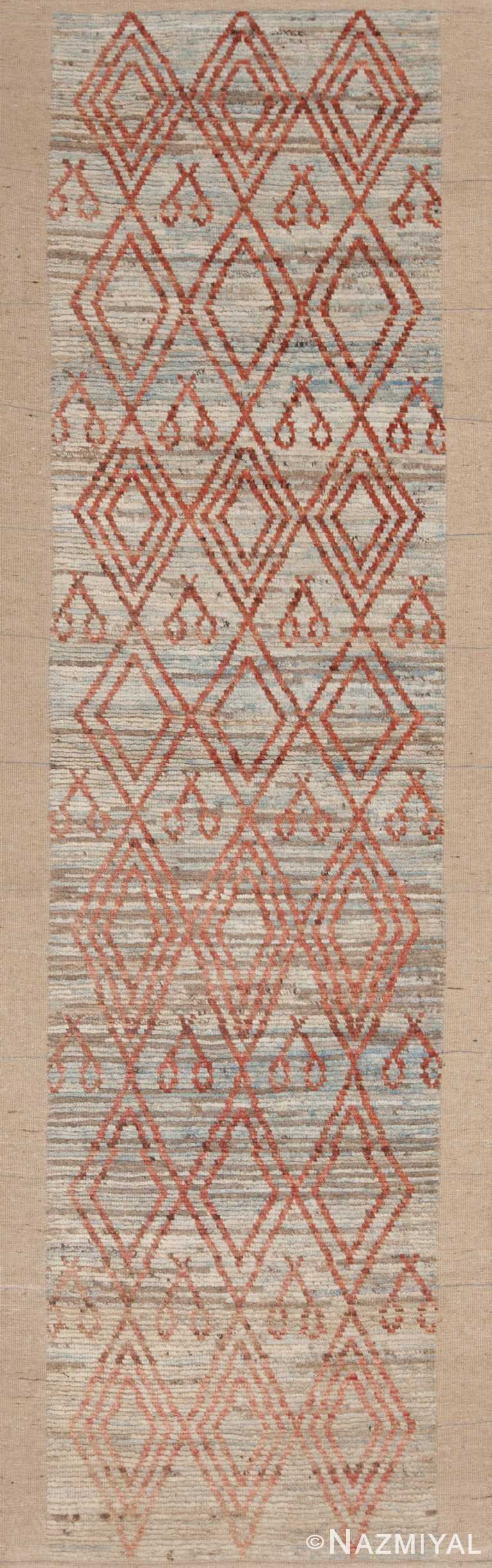 A Captivating and Beautiful Modern Light Blue Color Background Rustic Tribal Geometric Diamond Pattern Contemporary Runner Rug 11096 by Nazmiyal Antique Rugs