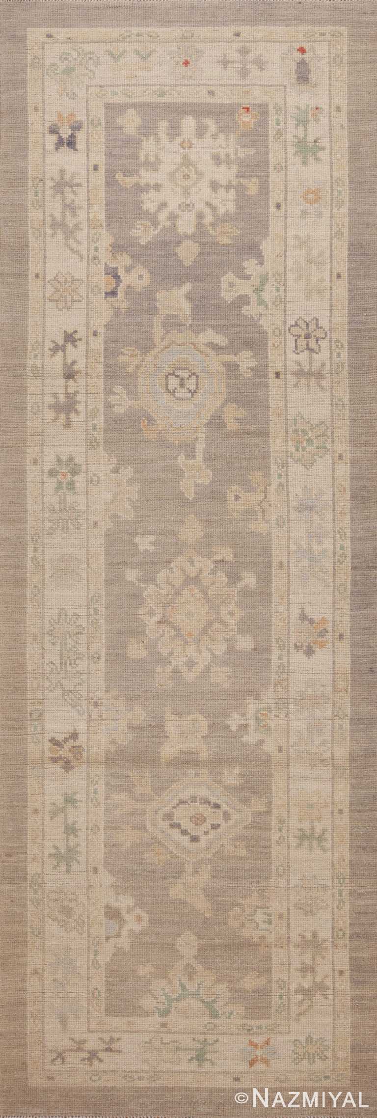 A Warm and Cozy Soft Neutral Grey Pastel Color Tribal Geometric Modern Turkish Oushak Design Hallway Runner Rug 11195 by Nazmiyal Antique Rugs