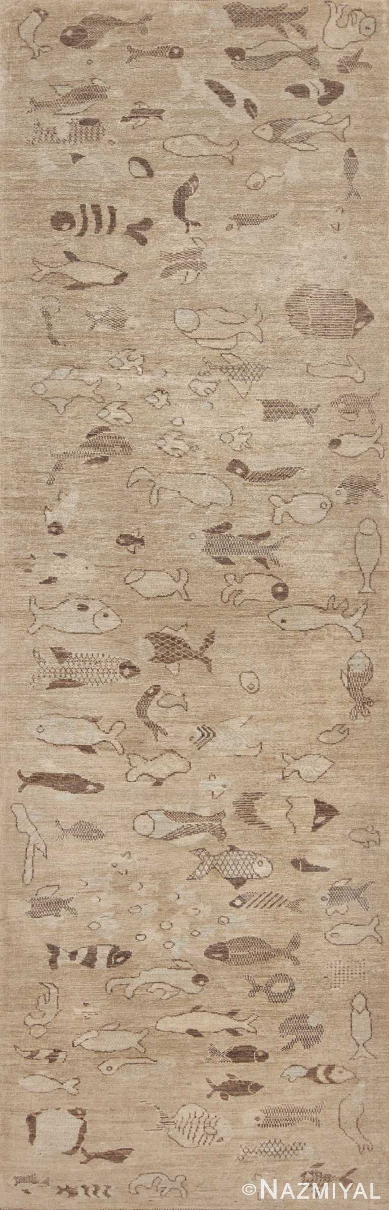 Neutral Color Artistic Fish Design Modern Hallway Runner Rug 11004 by Nazmiyal Antique rugs