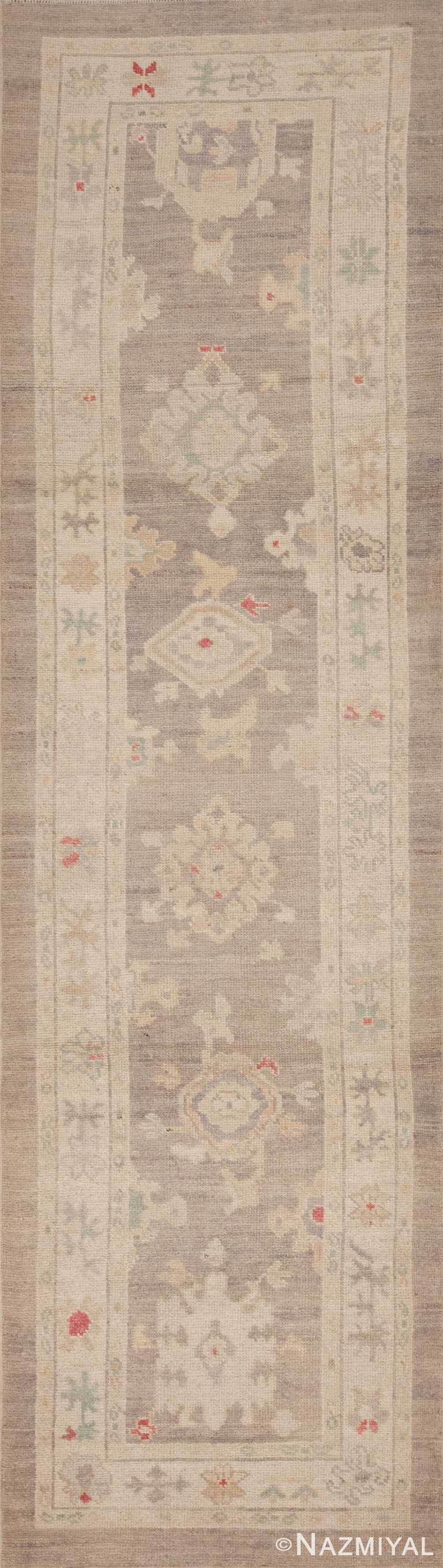 Soft Light Gray Pastel Color Tribal Geometric Turkish Oushak Design Modern Hallway Runner Rug 11202 by Nazmiyal Antique Rugs