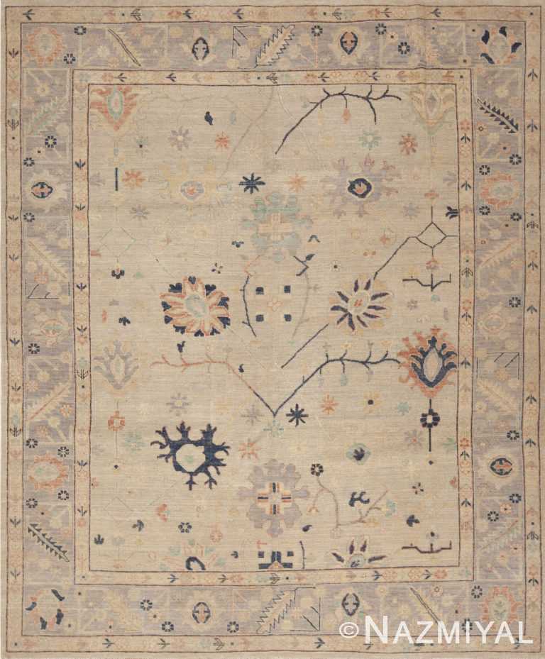 Beautiful and Decorative Soft Pastel Color Tribal Geometric Floral Design Room Size Modern Turkish Oushak Design Area Rug 11375 by Nazmiyal Antique Rugs