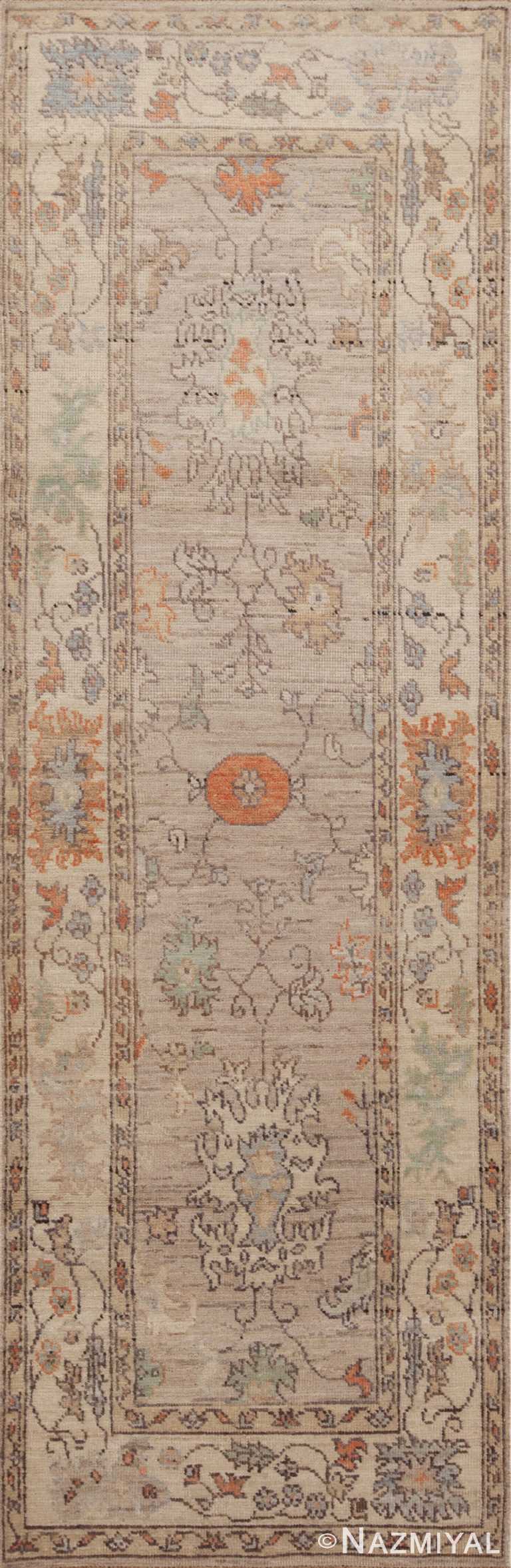A Stunning Artistic Tribal Rustic Feel Decorative Ivory Cream Color Modern Turkish Oushak Design Runner Rug 11201 by Nazmiyal Antique Rugs