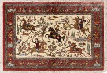 Artistic Hunting Scene Design Vintage Persian Silk Qum Small Luxury Rug 72770 by Nazmiyal Antique Rugs
