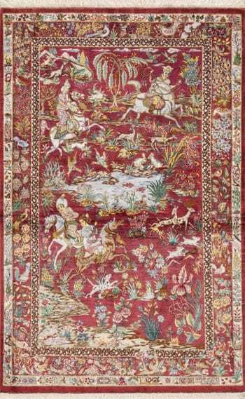 Fine Artistic Hunting Scene Design Small Vintage Persian Qum Silk Rug 72776 by Nazmiyal Antique Rugs