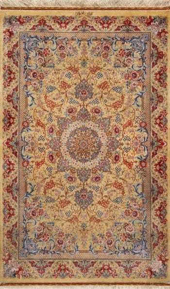 Fine Artistic Small Floral Vintage Luxurious Persian Silk Qum Rug 72783 by Nazmiyal Antique Rugs