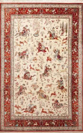 Fine Light Luxurious Silk Pile Vintage Artistic Hunting Scene Design Persian Qum Rug 72756 by Nazmiyal Antique Rugs