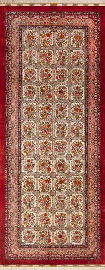 Fine Long Narrow Gallery Size Vintage Garden Design Silk Persian Qum Rug 72743 by Nazmiyal Antique Rugs